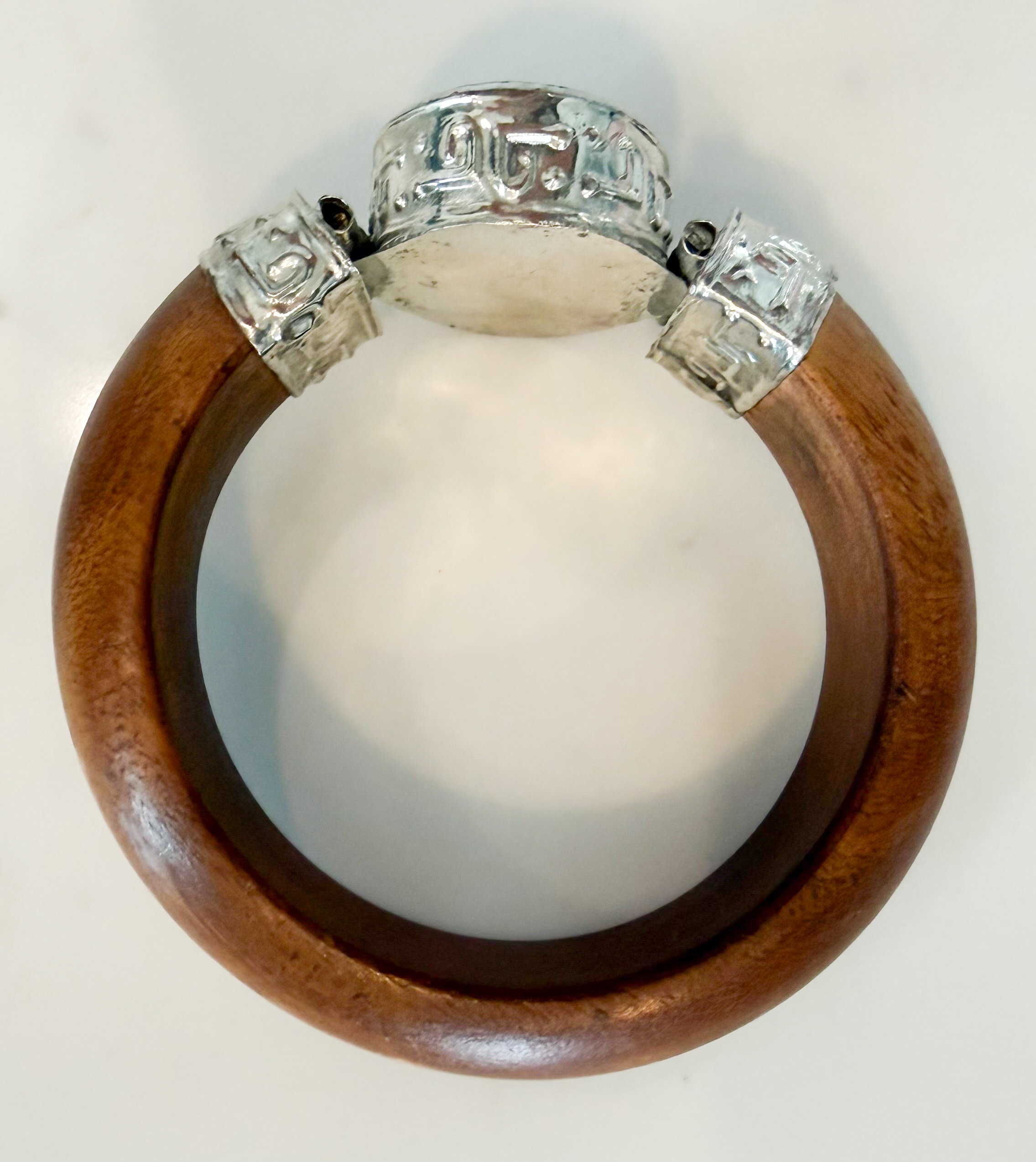 Turquoise and Embossed Silver Accent Wood Bangle Bracelet