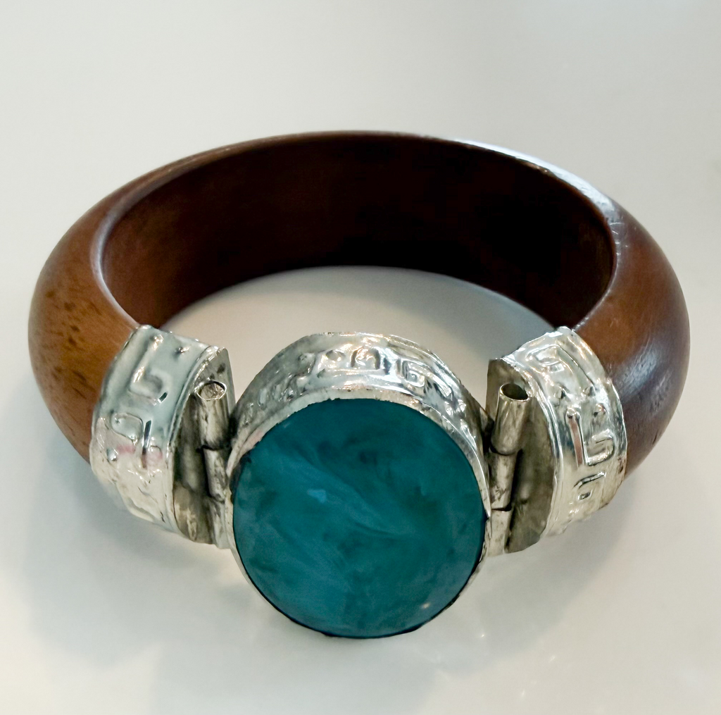 Turquoise and Embossed Silver Accent Wood Bangle Bracelet