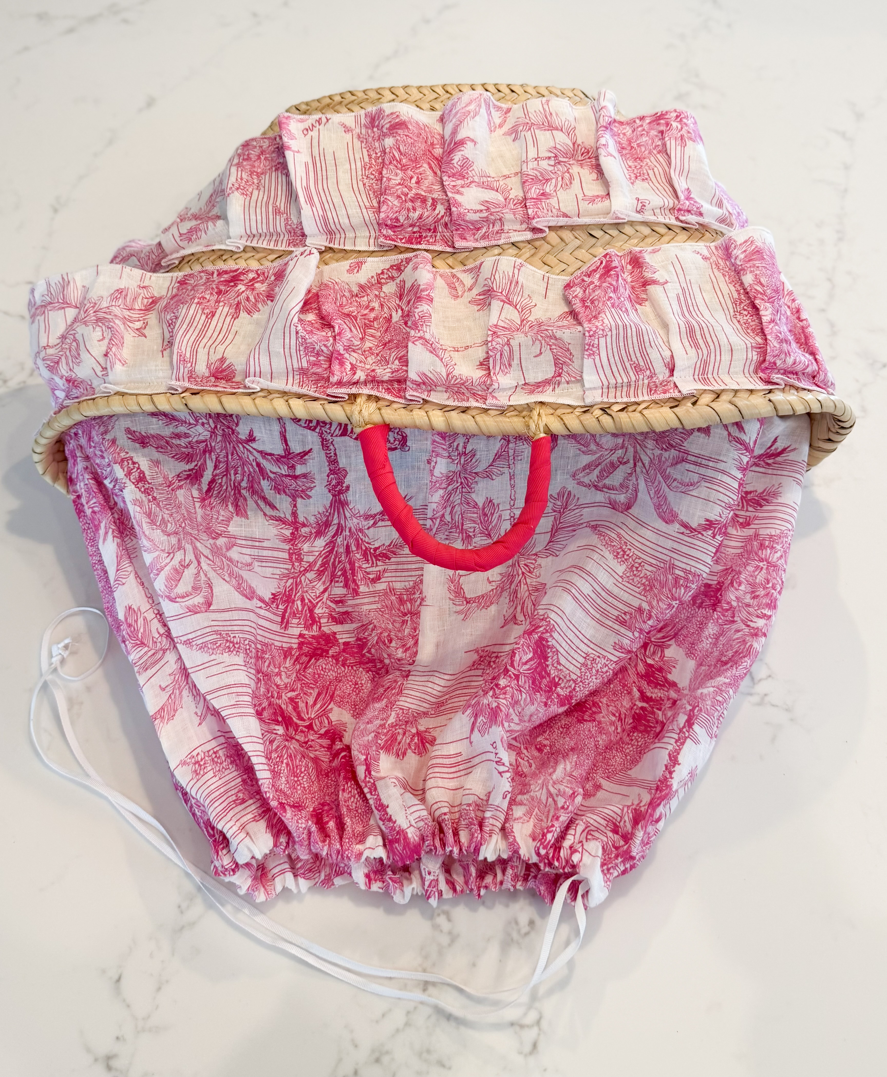 Marina St. Barths Fuchsia Toile Ruffled Straw Tote