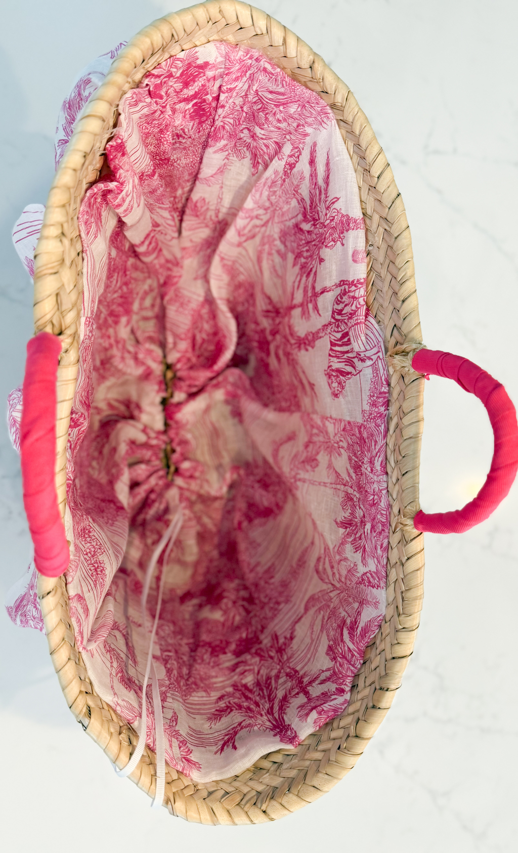 Marina St. Barths Fuchsia Toile Ruffled Straw Tote