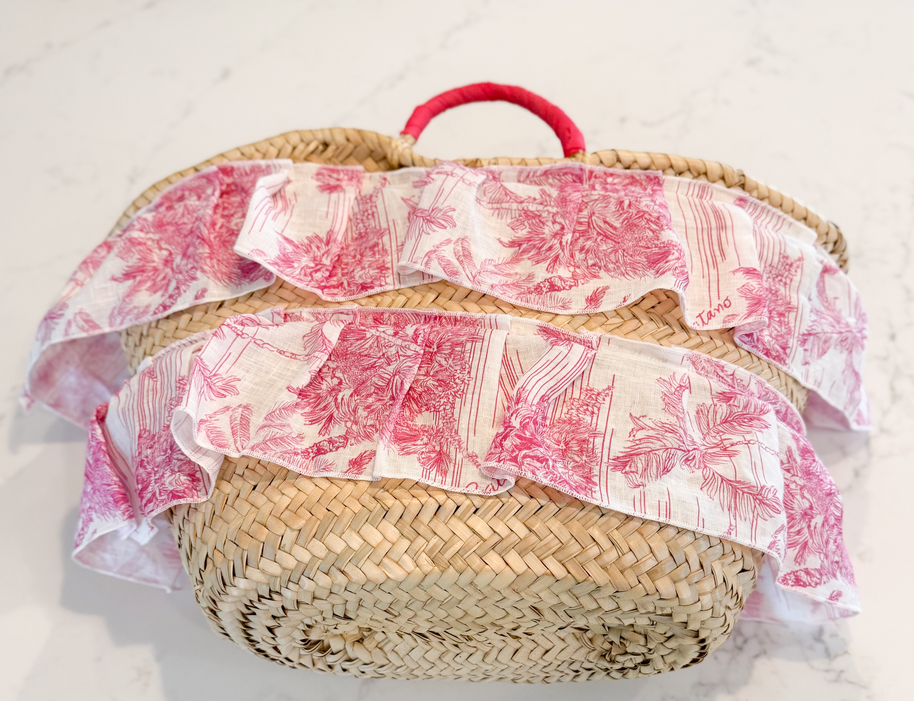 Marina St. Barths Fuchsia Toile Ruffled Straw Tote