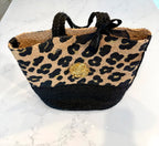 Large Leopard Sturdy Straw Tote with Gold Rose Emblem