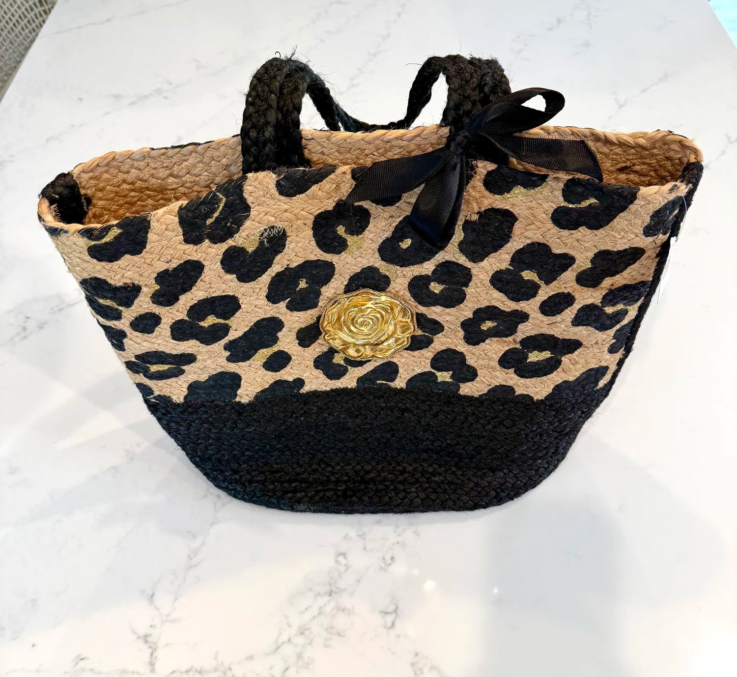 Large Leopard Sturdy Straw Tote with Gold Rose Emblem