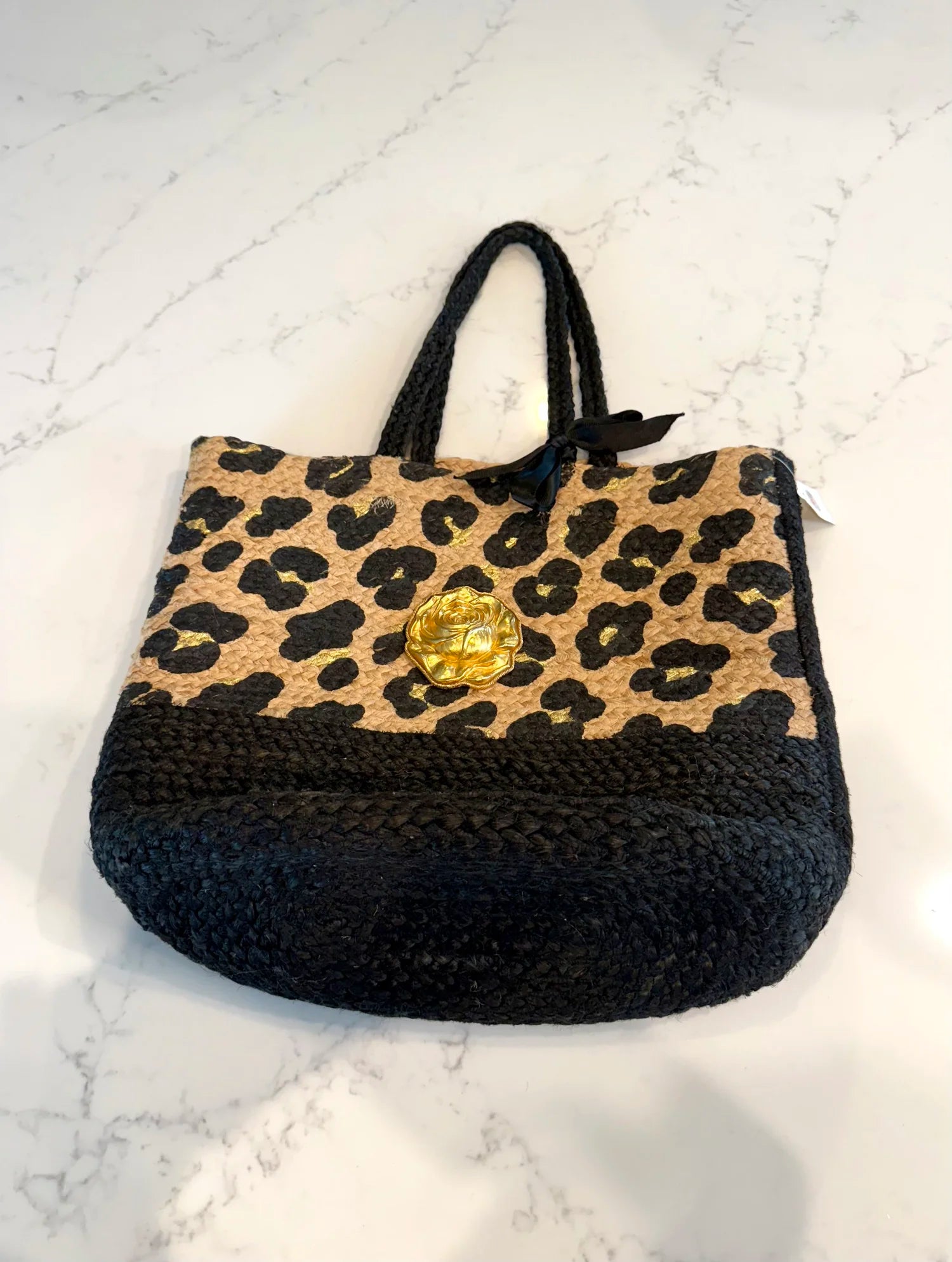 Large Leopard Sturdy Straw Tote with Gold Rose Emblem