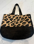 Large Leopard Sturdy Straw Tote with Gold Rose Emblem