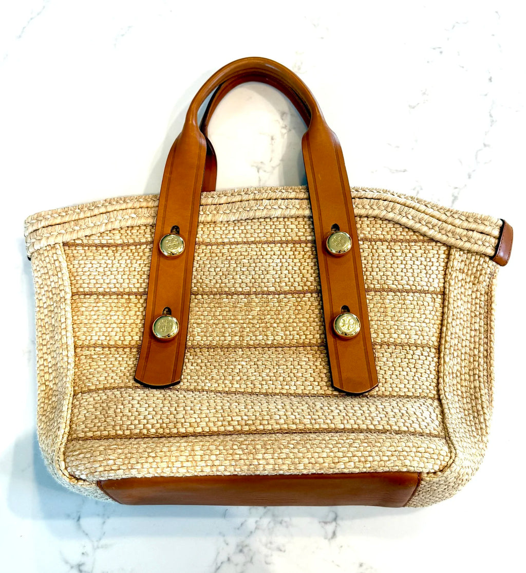 Tory Burch Woven Tote with Natural Leather and Gold Signature Logo Buttons