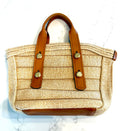 Tory Burch Woven Tote with Natural Leather and Gold Signature Logo Buttons