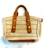Tory Burch Woven Tote with Natural Leather and Gold Signature Logo Buttons