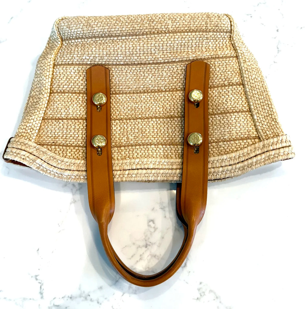 Tory Burch Woven Tote with Natural Leather and Gold Signature Logo Buttons