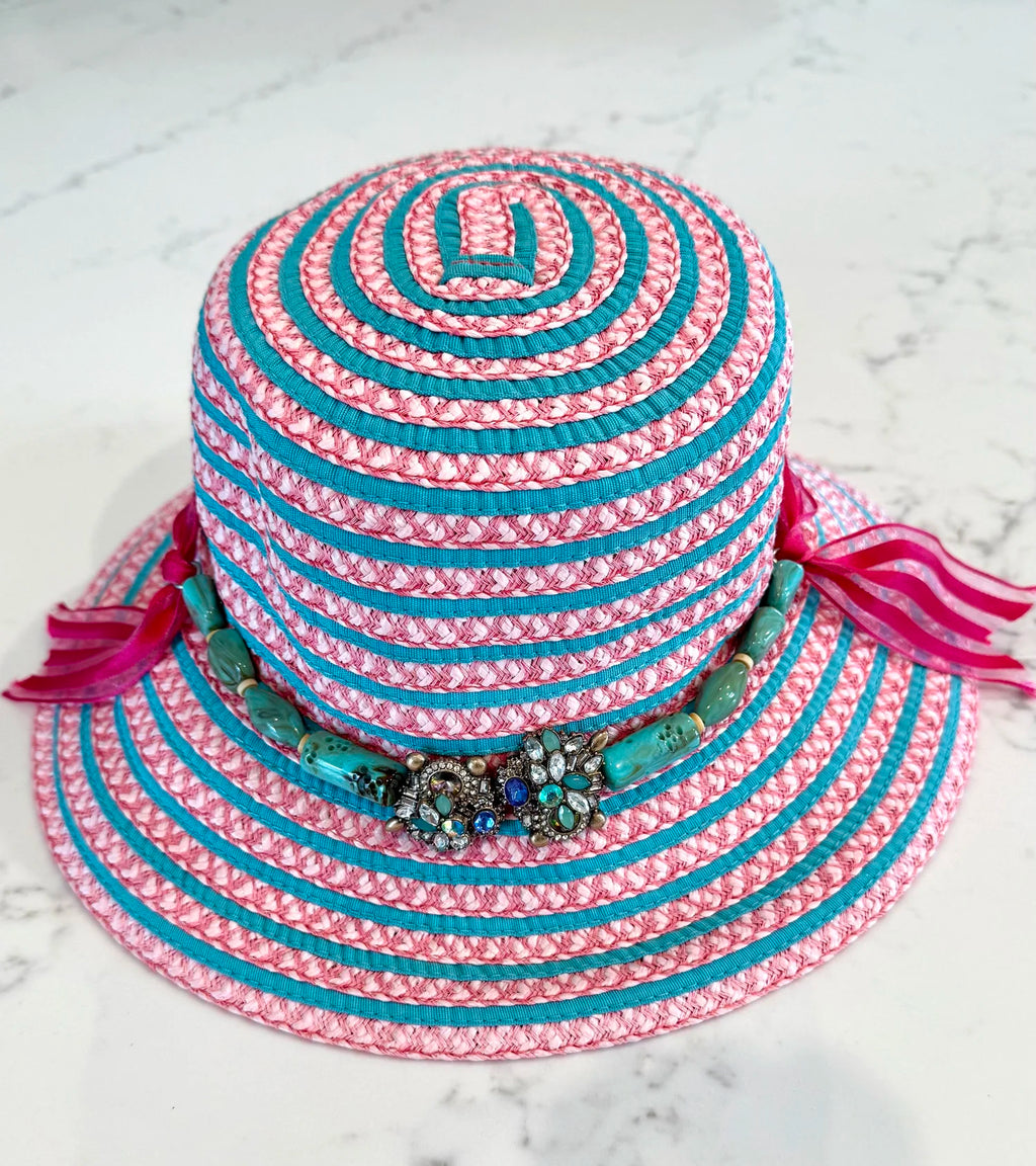 Pink and Turquoise Bejeweled Bucket Hat Size S