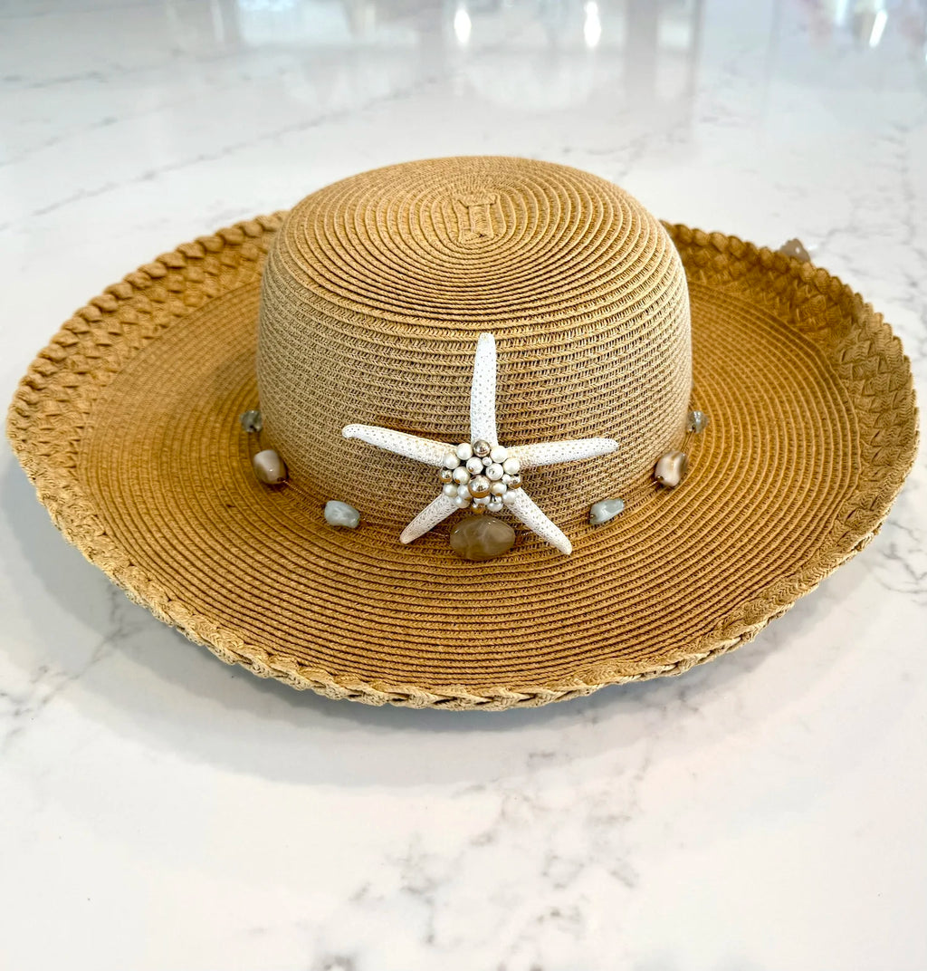 Straw Hat with Beachy Stones and Pearl Starfish Size M