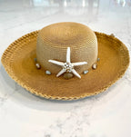Straw Hat with Beachy Stones and Pearl Starfish Size M