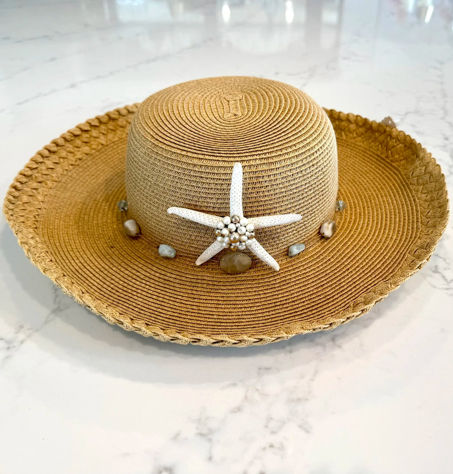 Straw Hat with Beachy Stones and Pearl Starfish Size M
