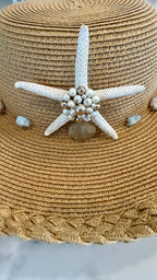 Straw Hat with Beachy Stones and Pearl Starfish Size M