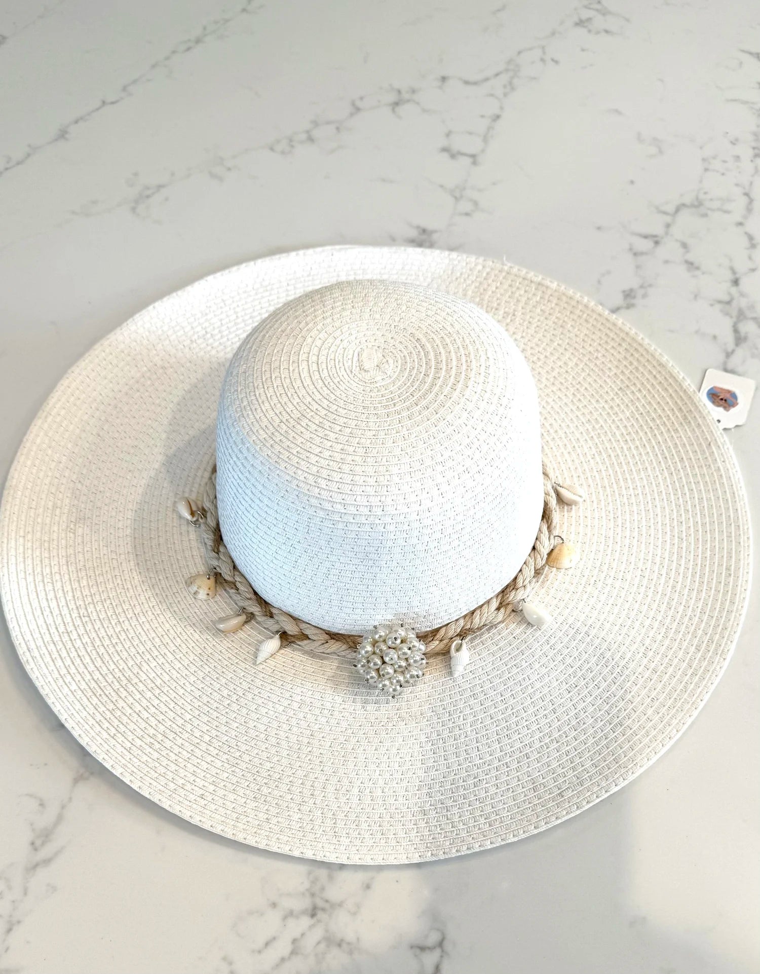 White Straw Hat with Seashell Rope Trim and Pearl Cluster Accent Size M