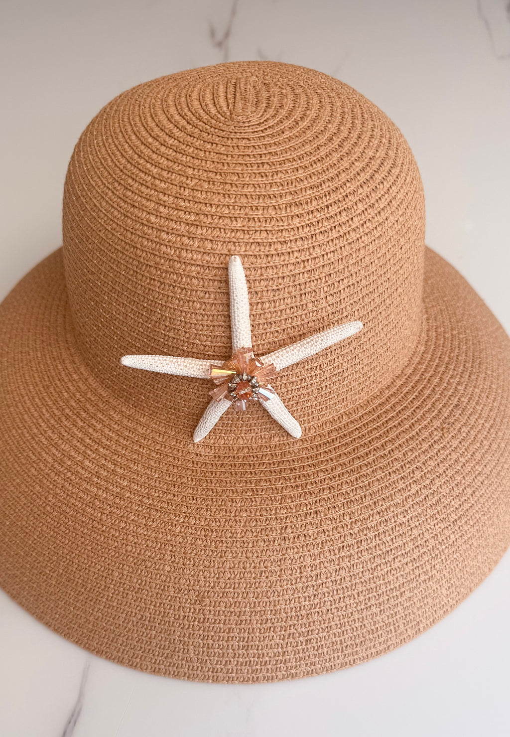 Tan Woven Hat With Bejeweled Starfish Size M