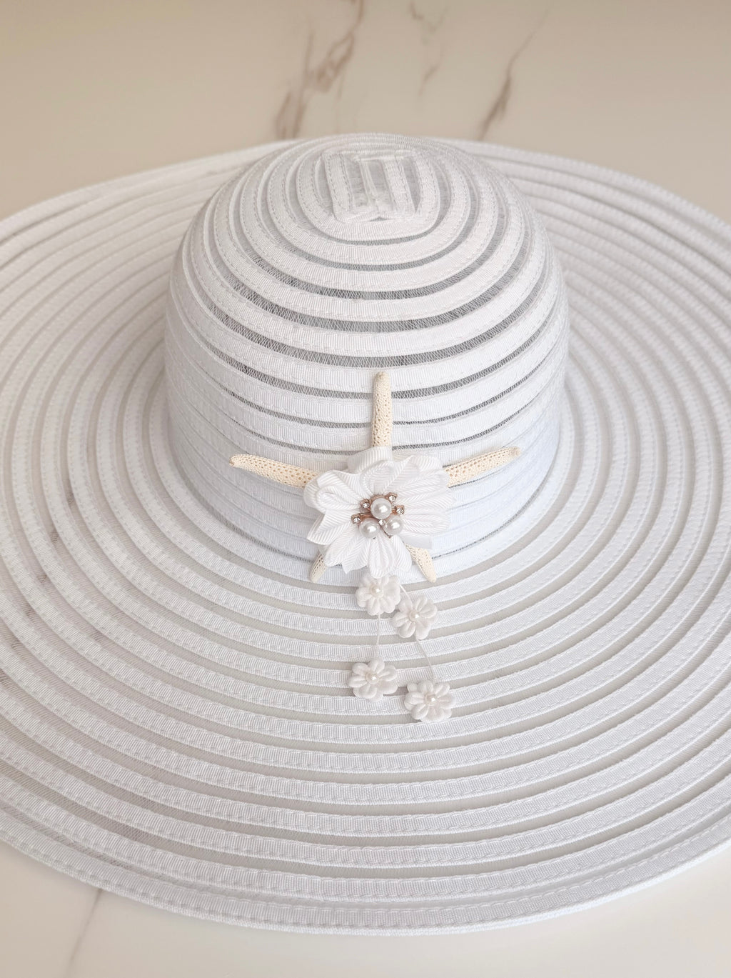 White Striped Hat With Bejeweled Starfish Size S/M