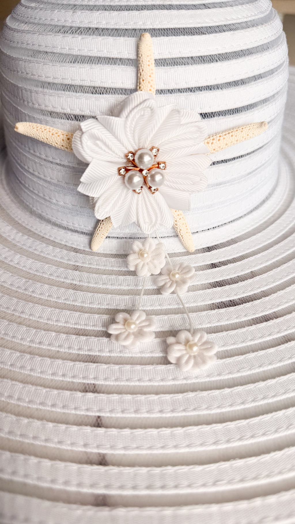 White Striped Hat With Bejeweled Starfish Size S/M