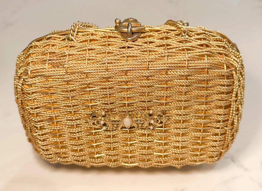 Vintage Gold Woven Purse With Brooch Accent