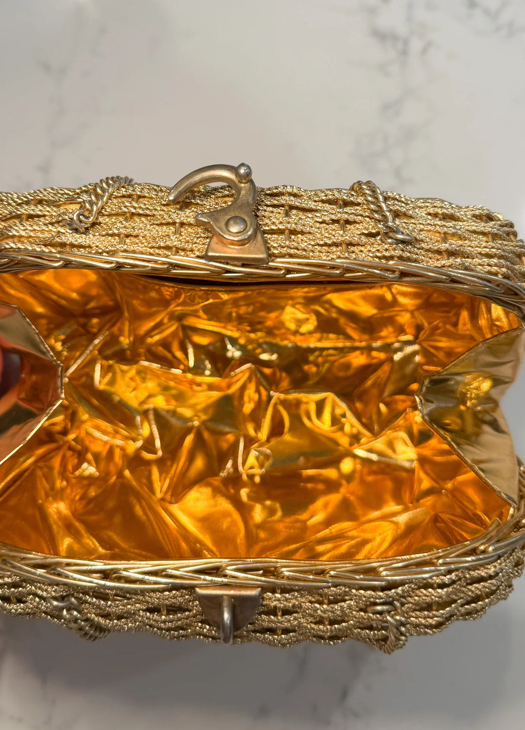 Vintage Gold Woven Purse With Brooch Accent