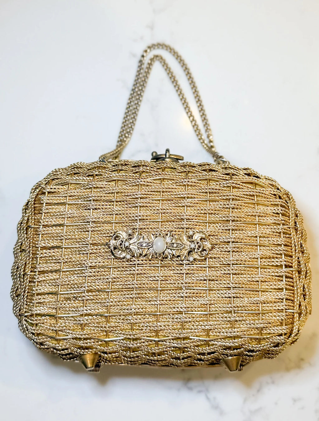 Vintage Gold Woven Purse With Brooch Accent