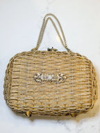 Vintage Gold Woven Purse With Brooch Accent