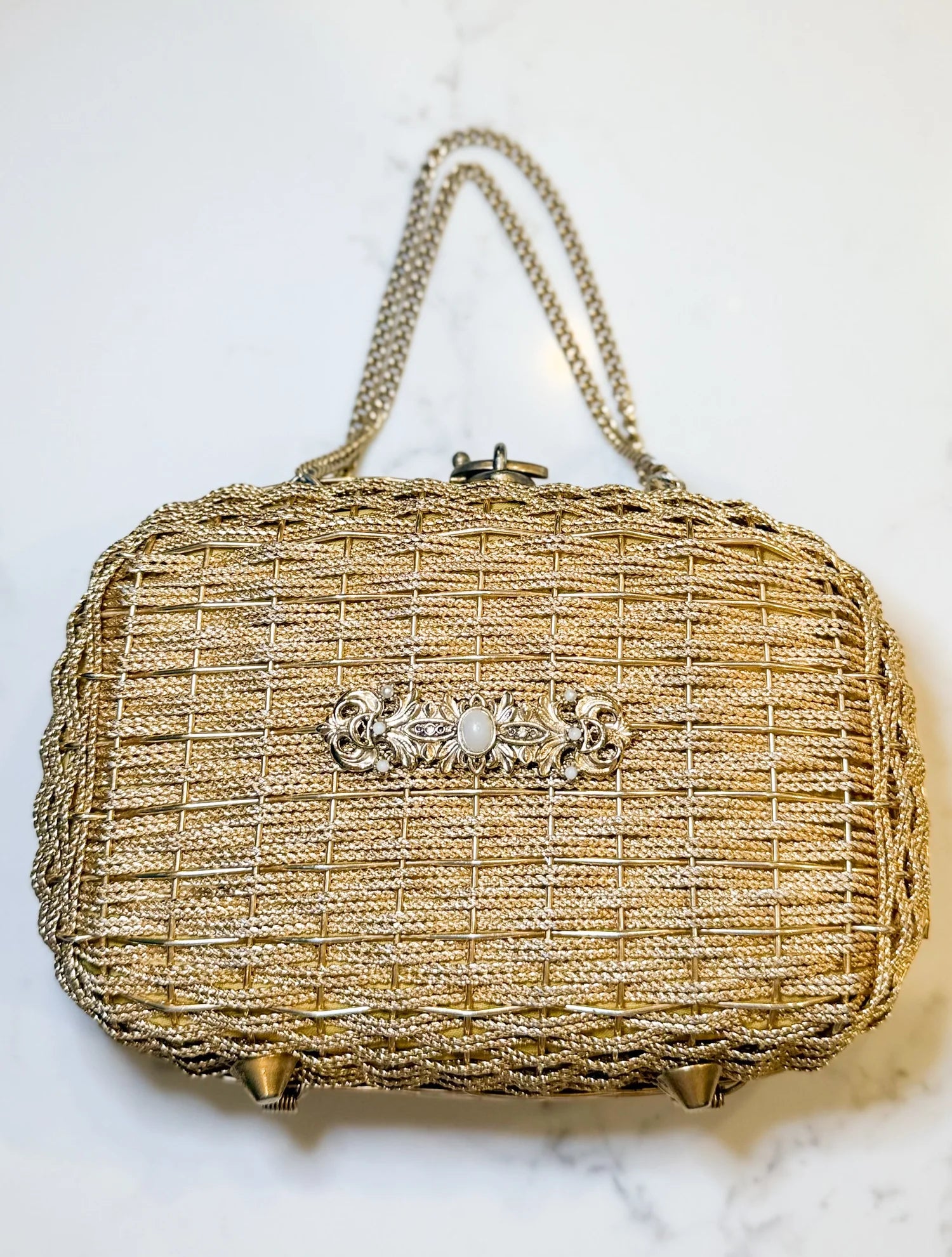 Vintage Gold Woven Purse With Brooch Accent