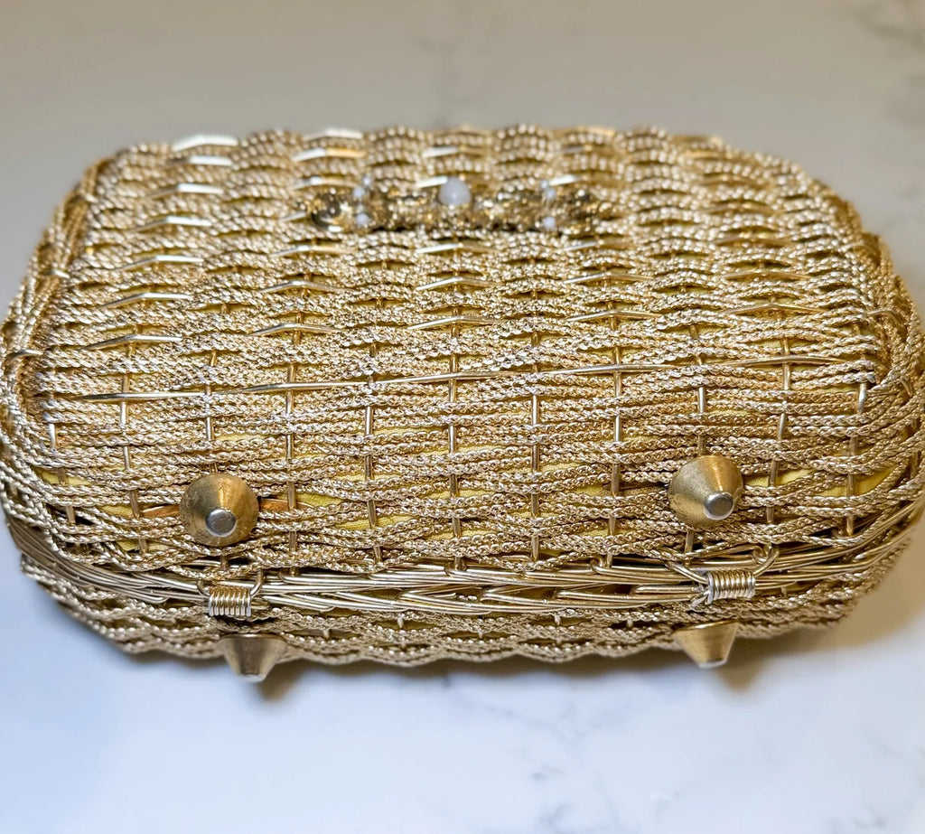 Vintage Gold Woven Purse With Brooch Accent
