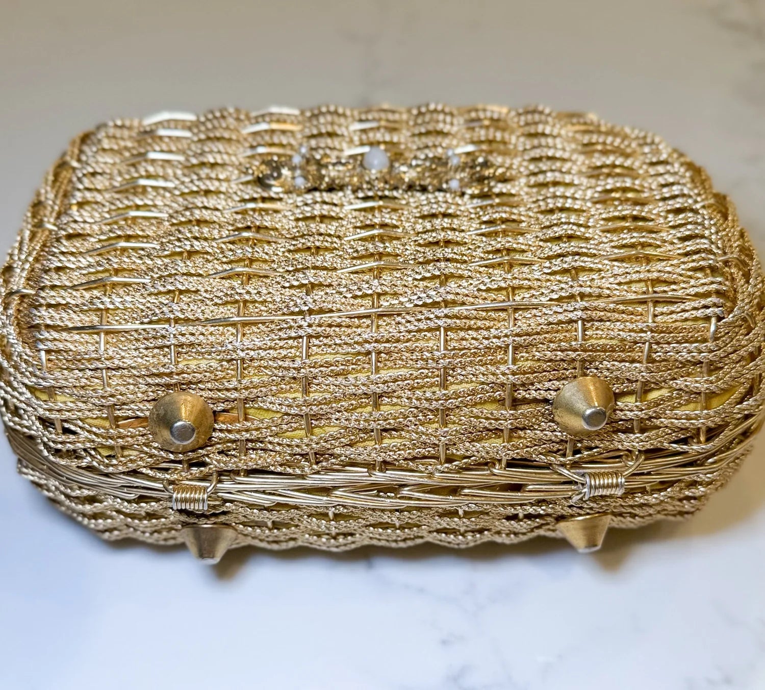 Vintage Gold Woven Purse With Brooch Accent