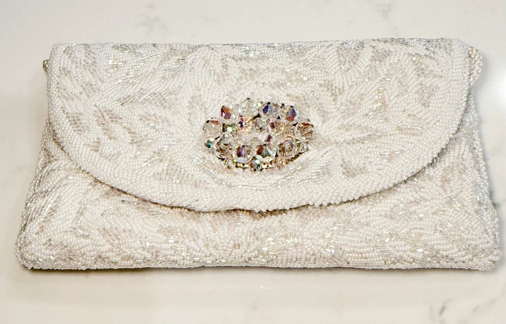 Vintage White Sequin Purse with Iridescent Crystal Oval Brooch