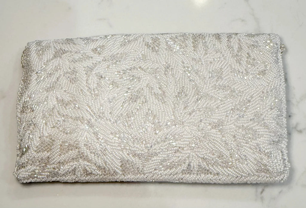 Vintage White Sequin Purse with Iridescent Crystal Oval Brooch