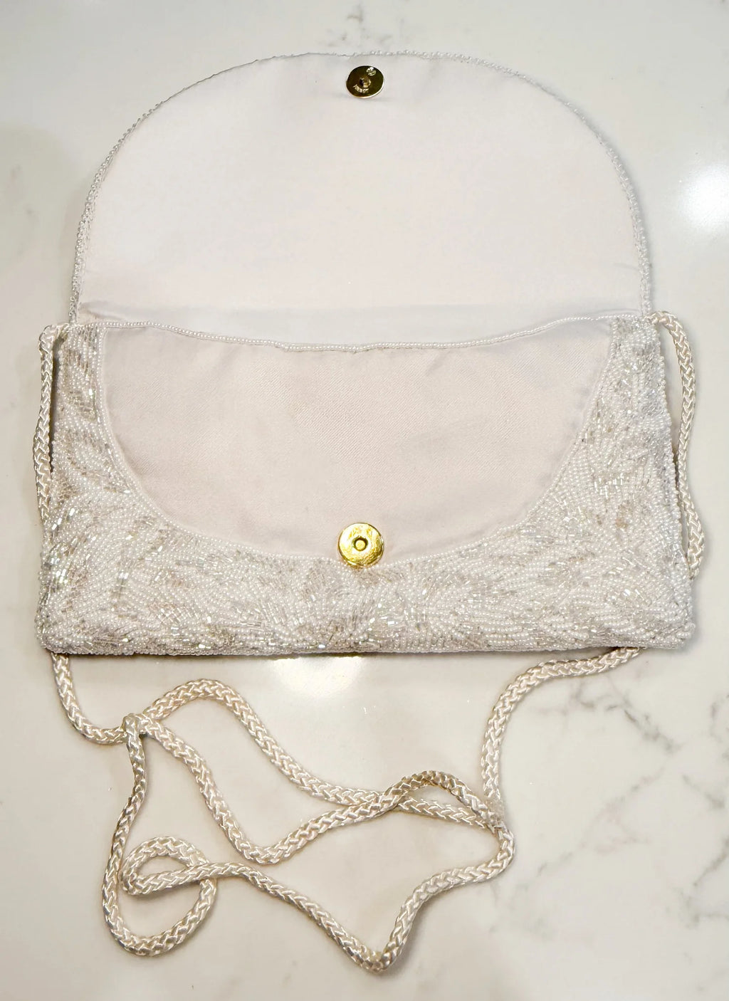 Vintage White Sequin Purse with Iridescent Crystal Oval Brooch
