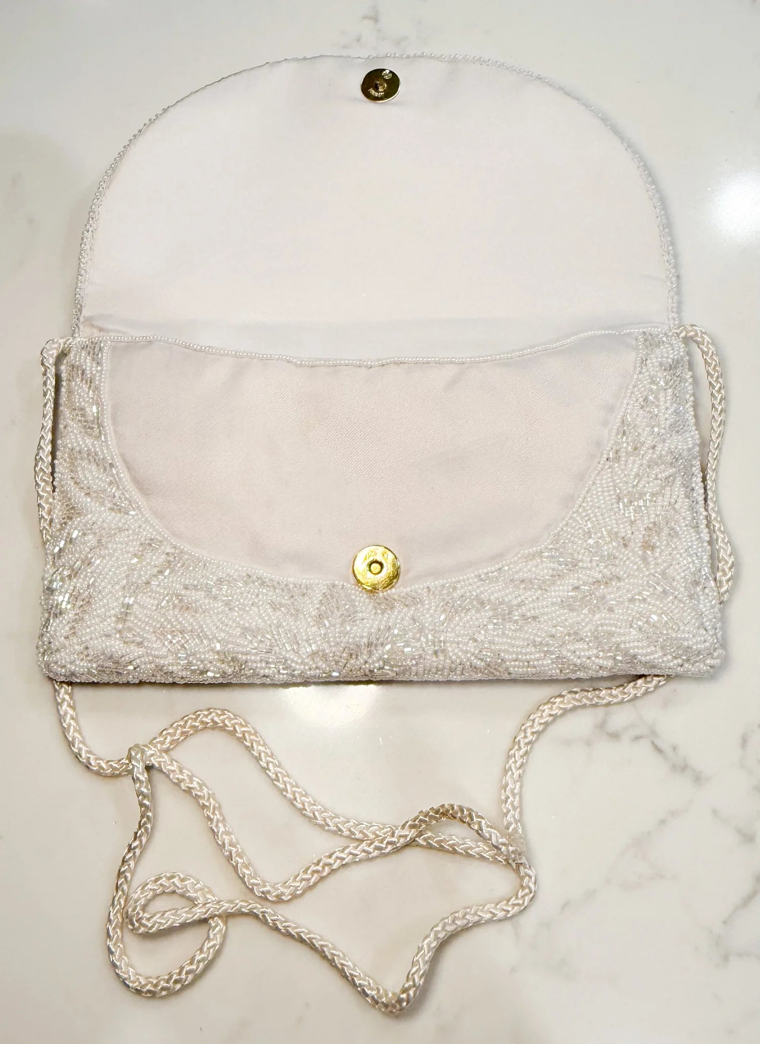 Vintage White Sequin Purse with Iridescent Crystal Oval Brooch