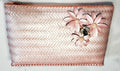 Vintage Pink Woven Straw Clutch with Flower and Rhinestone Beetle Appliqué