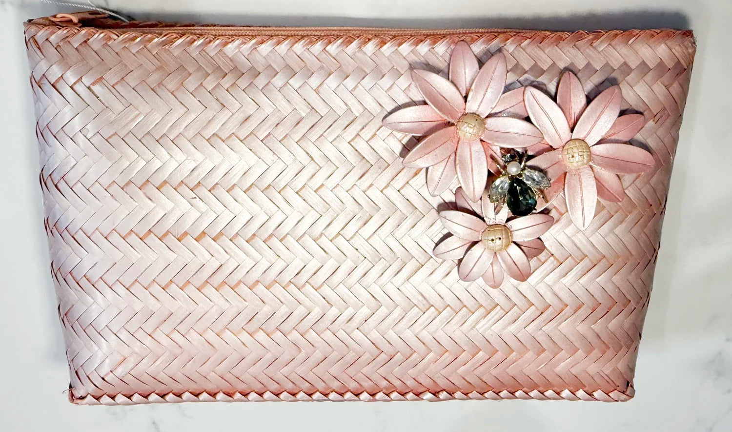 Vintage Pink Woven Straw Clutch with Flower and Rhinestone Beetle Appliqué