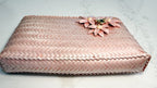 Vintage Pink Woven Straw Clutch with Flower and Rhinestone Beetle Appliqué