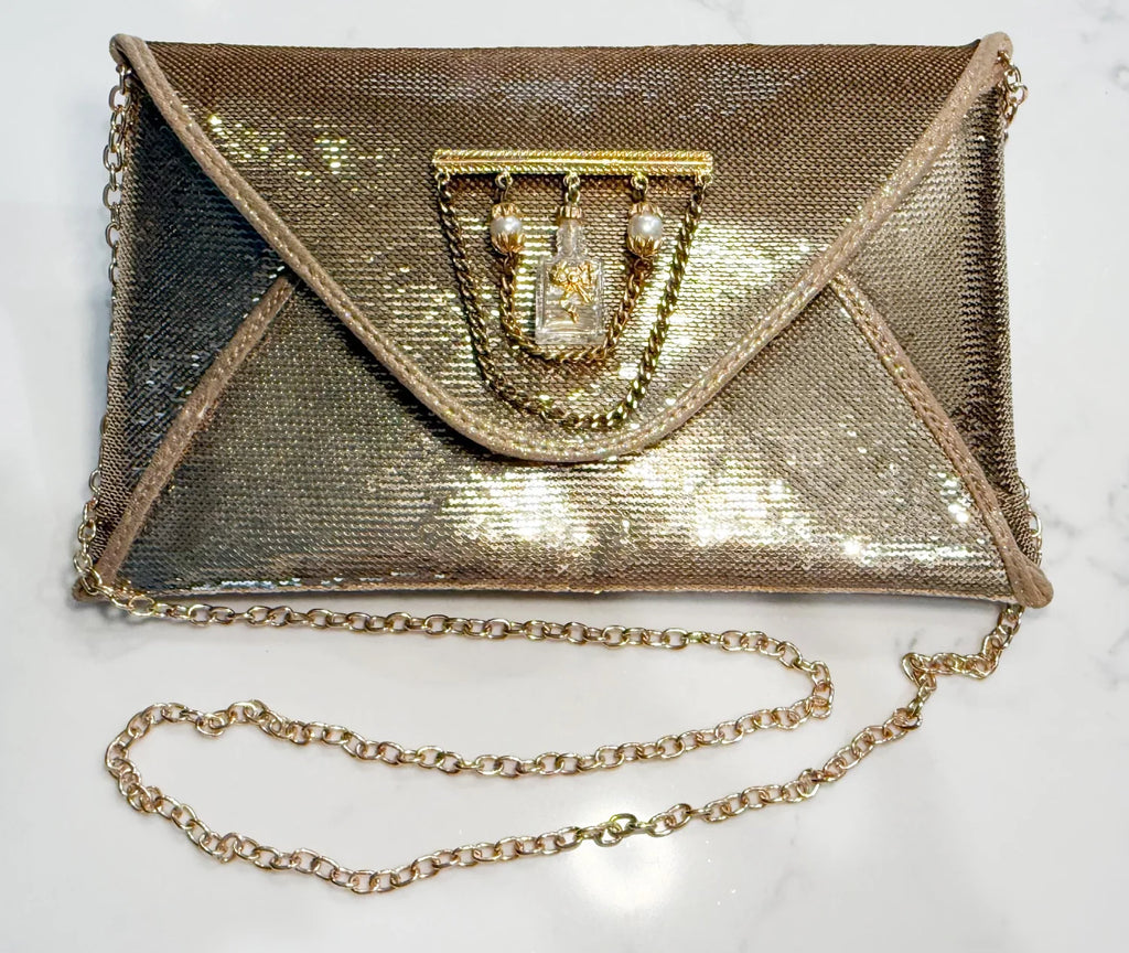Vintage Gold Sequin Envelope Purse with Mini Perfume Bottle Brooch