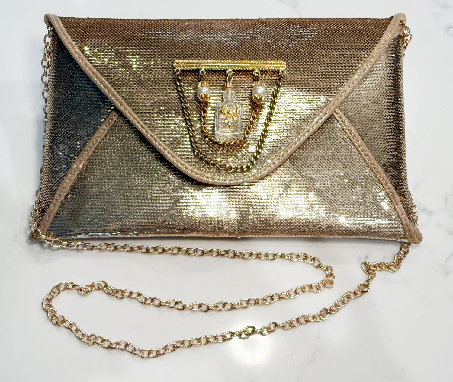 Vintage Gold Sequin Envelope Purse with Mini Perfume Bottle Brooch
