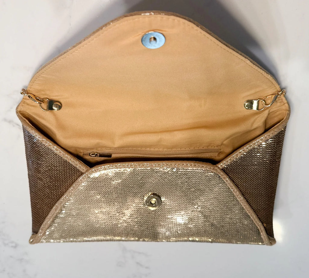 Vintage Gold Sequin Envelope Purse with Mini Perfume Bottle Brooch