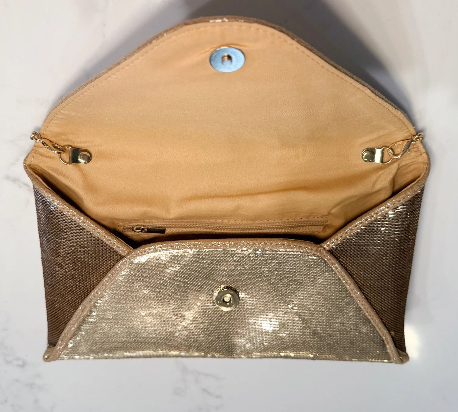 Vintage Gold Sequin Envelope Purse with Mini Perfume Bottle Brooch