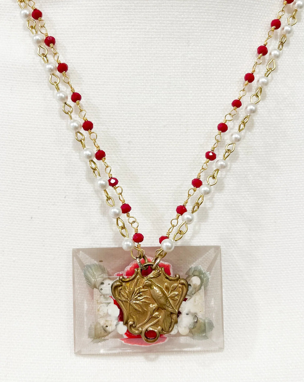 Vintage Acrylic Floral Inlay Beaded Necklace