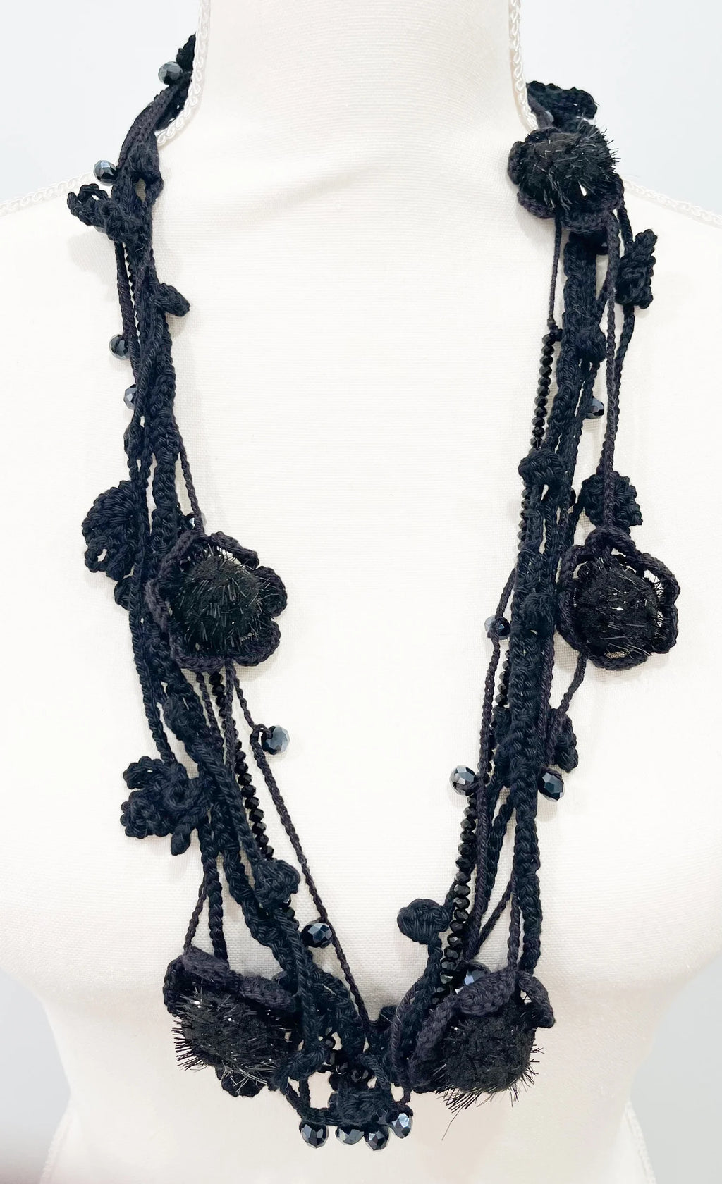 Vintage Black Knitted Floral Pom Pom Necklace