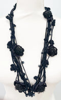 Vintage Black Knitted Floral Pom Pom Necklace