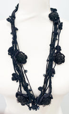 Vintage Black Knitted Floral Pom Pom Necklace
