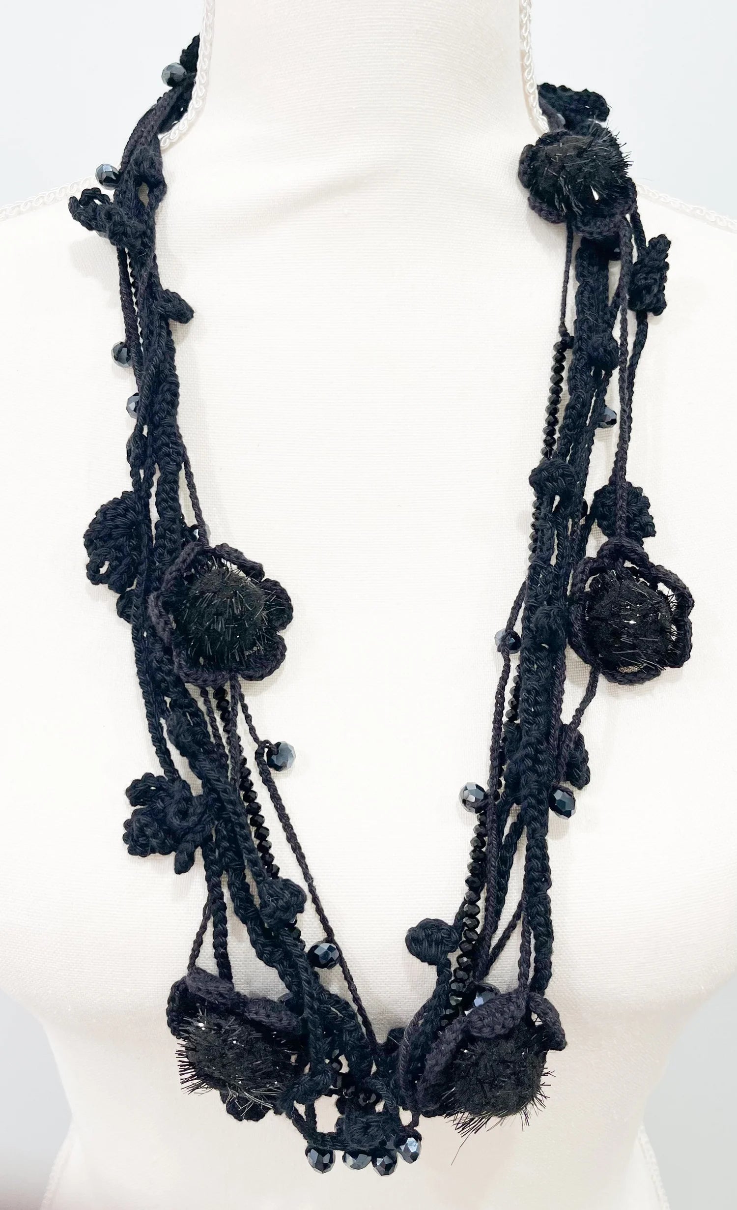 Vintage Black Knitted Floral Pom Pom Necklace