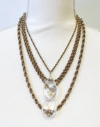 Vintage Gold Braided Four Tiered Necklace with Chandelier Prism Pendants