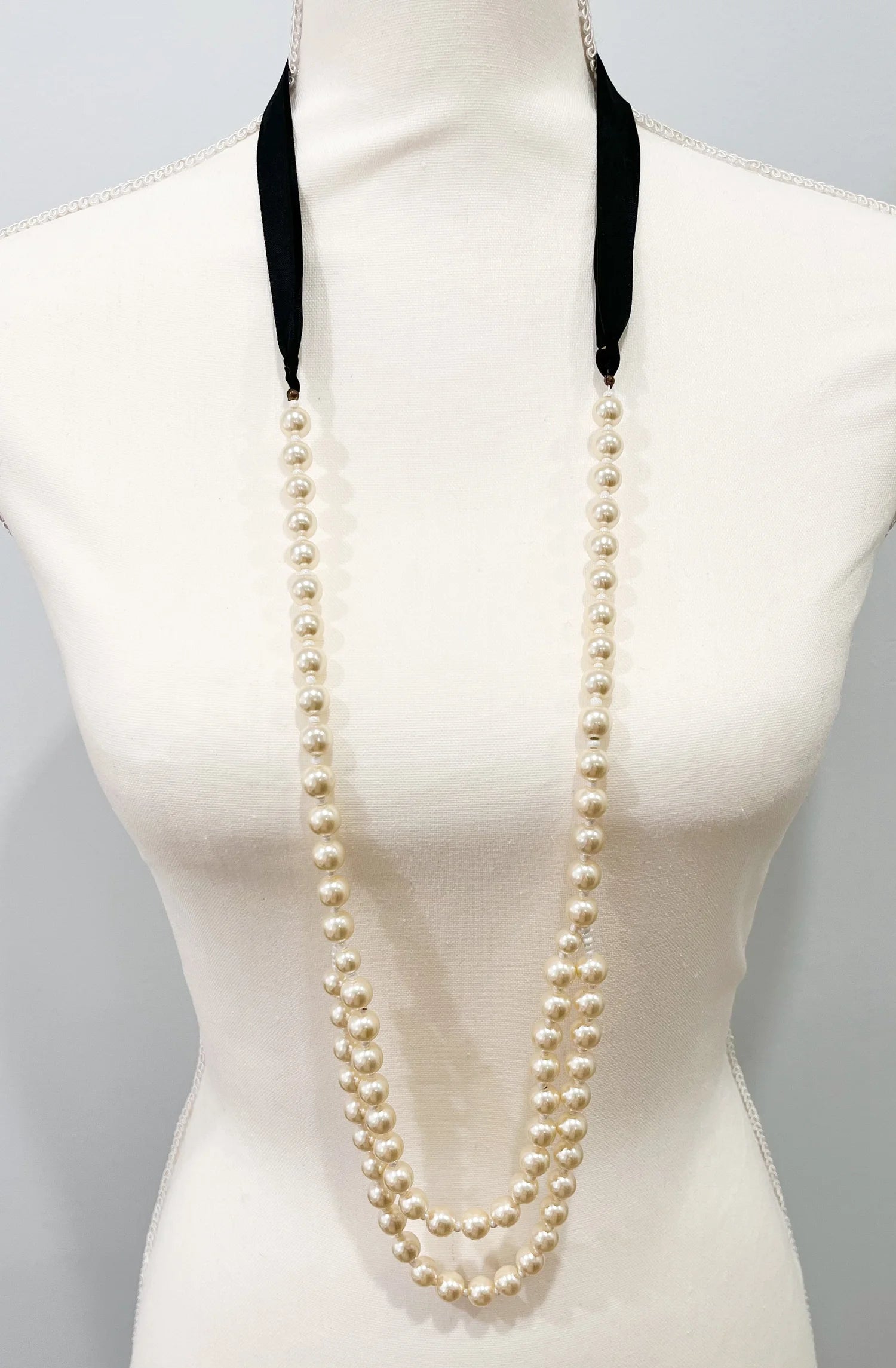 Vintage Style Two Tiered Pearl Necklace with Black Satin Ribbon Ties
