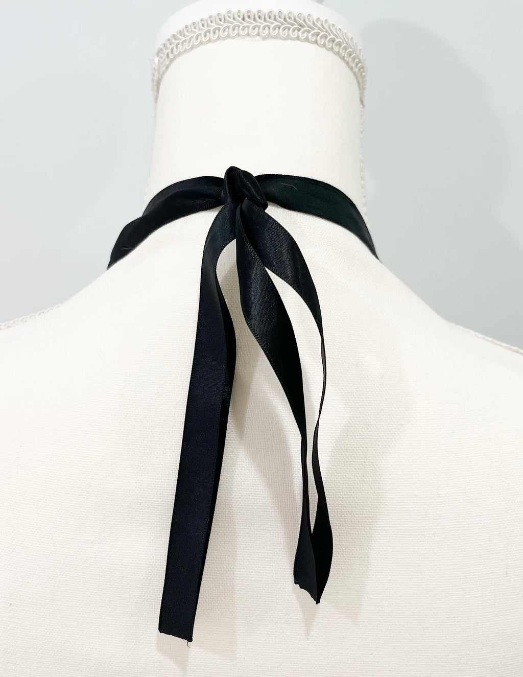 Vintage Style Two Tiered Pearl Necklace with Black Satin Ribbon Ties